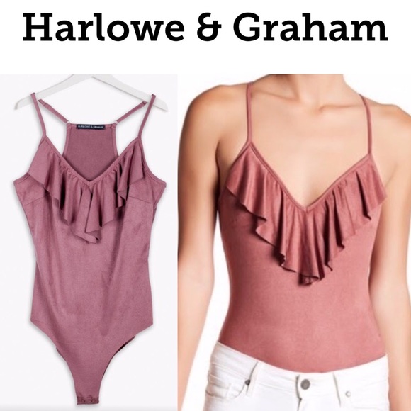 HARLOW & GRAHAM Faux Suede Bodysuit Dusty Rose - Picture 2 of 11